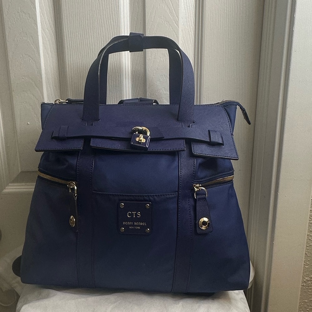 Henri Bendel Jetsetter Convertible Navy Blue Leather Nylon Backpack